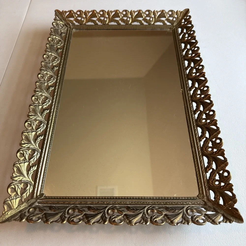 Vintage Gold Tone Filigree Hollywood Regency Vanity Mirror Tray 15x10